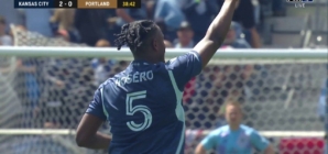 Dany Rosero scores with a header in 38′ as Sporting KC takes a 2-0 lead vs. Portland