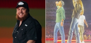 Glen Powell shotguns a beer on stage with country superstar Luke Combs