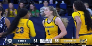 Lee Volker finishes the layup to help Marquette defeat Butler, 57-54