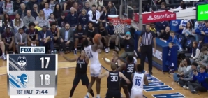 Seton Hall's Godswill Erheriene flies in for a nasty put-back jam vs. UConn