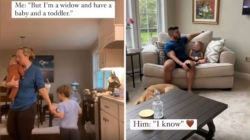 Tears at Man’s Two-Word Response to Young Widow With Baby and Toddler