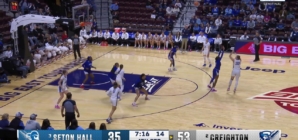 Morgan Maly hits a 3-pointer, extending Creighton's lead over Seton Hall