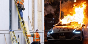 Graffiti at night. Cleanup in the morning. The night-and-day difference of L.A. protests