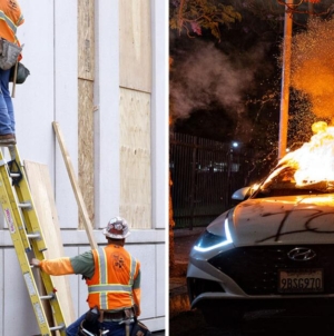 Graffiti at night. Cleanup in the morning. The night-and-day difference of L.A. protests