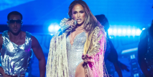 JLo suffers wardrobe malfunction as gold sequined skirt drops during show