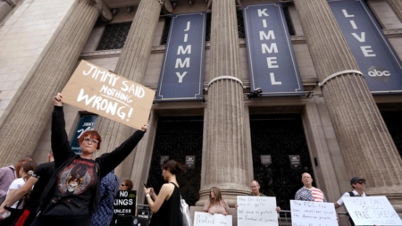 Protesters flood Hollywood over ‘Jimmy Kimmel Live!’ suspension, calling for an end to censorship