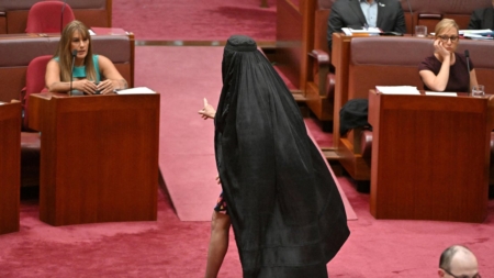 Australian far-right Senator Pauline Hanson slammed for wearing burqa to parliament to demand ban