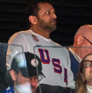 FBI Director Kash Patel is seen celebrating with the U.S. men’s hockey team